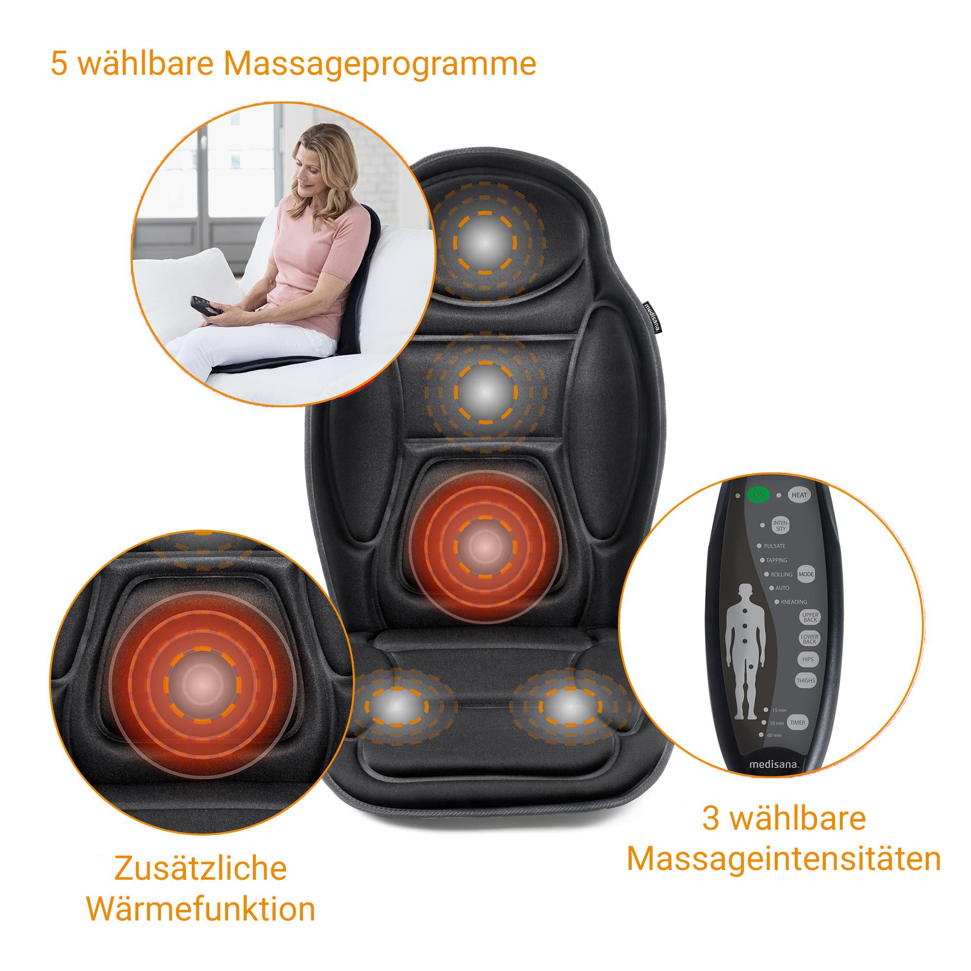 Medisana Massagesitzauflage MCH, 4 Massagezonen, 3 Intensitäten, 5 Programme, zuschaltbare Wärme