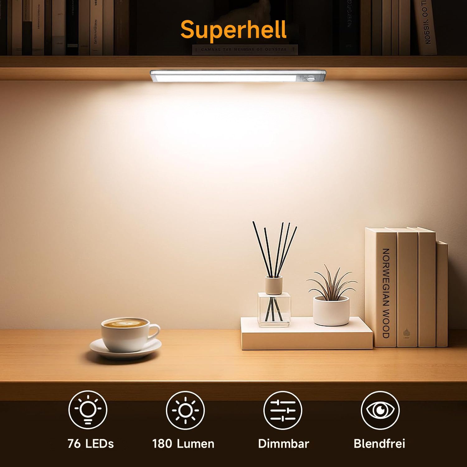 FOSMET LED Unterbauleuchte LED Unterbauleuchte mit Bewegungsmelder-88 LEDs/2200 mAh/24cm&30cm, USB-C wiederaufladbar,Einfach Montage Stark,schrankbeleuchtung, Warmweiß (3000 K), Neutralweiß (4500 K), Kaltweiß (6500 K), Ideal für Küche, Kleiderschrank, Schlafzimmer, Flur, Treppen-Szenen