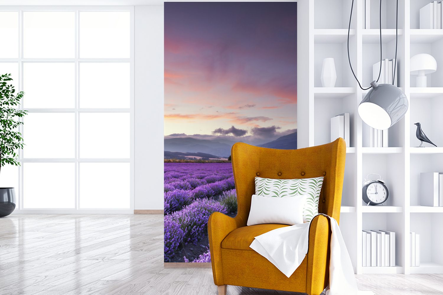 Wohnzimmer (2 MuchoWow Fototapete Matt, St), schönes bei Ein Sonnenuntergang, Schlafzimmer für Lavendelfeld Küche, bedruckt, Vliestapete Fototapete