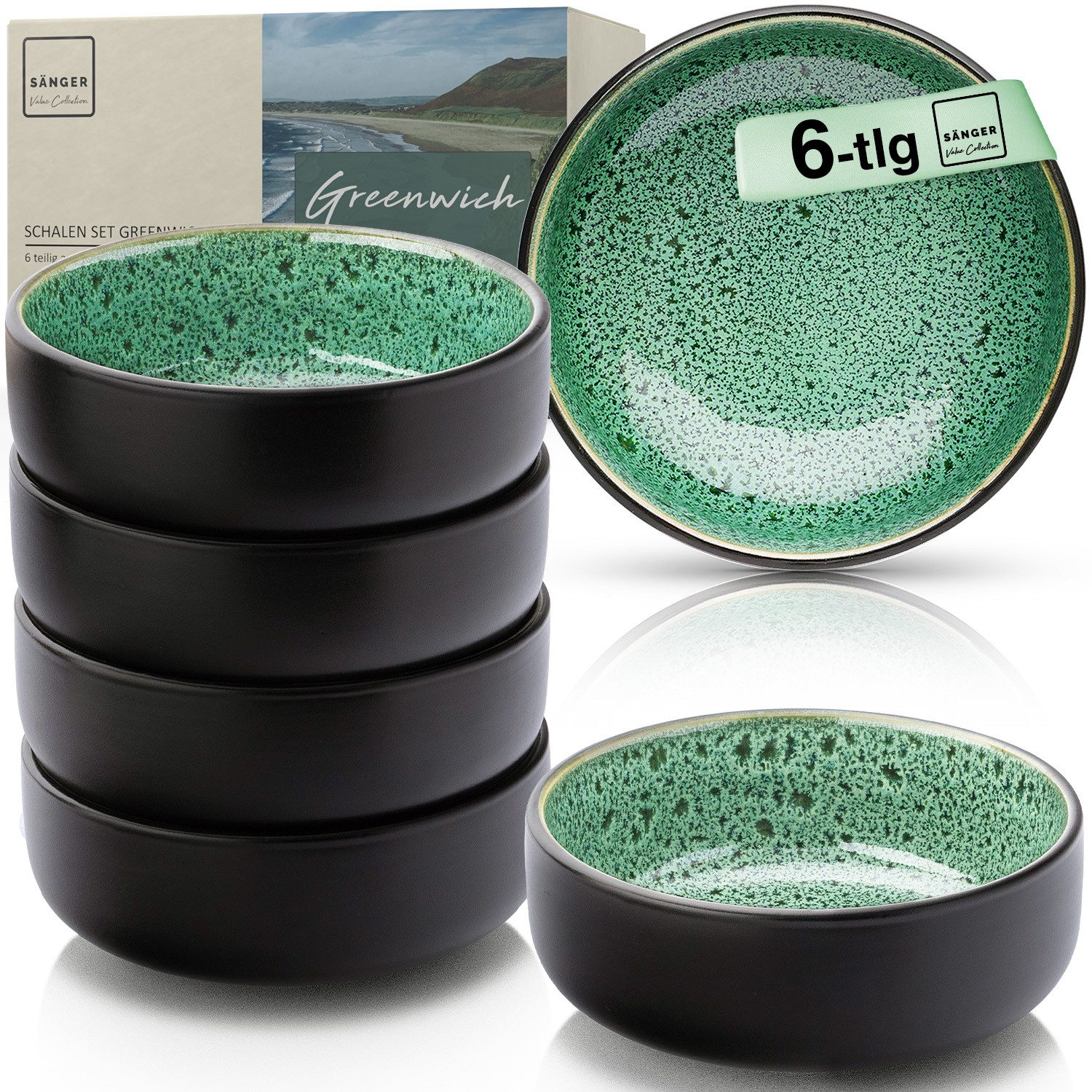 SÄNGER Teller Set Greenwich, Grün mit schwarzem Rand, (6 St), Schalen Set, Steingut, Handmade, VALUE COLLECTION