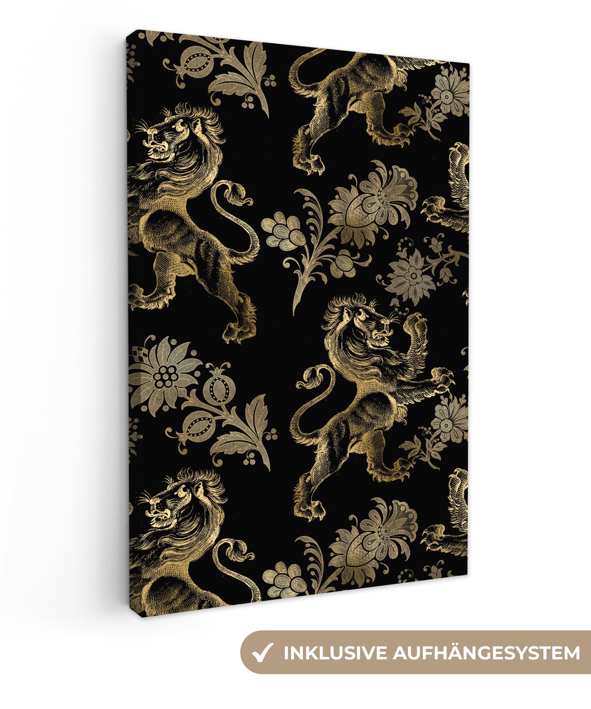 OneMillionCanvasses® Leinwandbild Muster - Löwe - Gold - Schwarz, (1 St), Leinwandbild fertig bespannt inkl. Zackenaufhänger, Gemälde, 20x30 cm