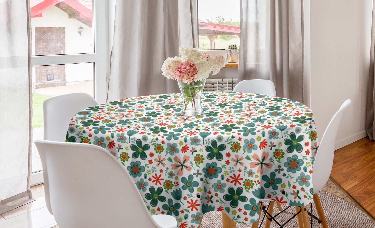 Abakuhaus Tischdecke Kreis Tischdecke Abdeckung für Esszimmer Küche Dekoration, Frühling Childish Folk Flowers