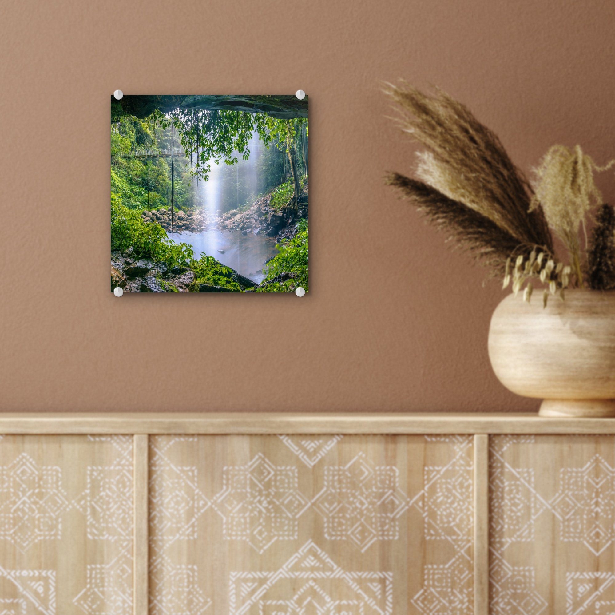 auf St), - Wasser Regenwald - auf (1 Pflanzen, Bilder Acrylglasbild Dschungel Glasbilder Wanddekoration - - Glas MuchoWow - Wandbild bunt Foto - Wasserfall Glas -