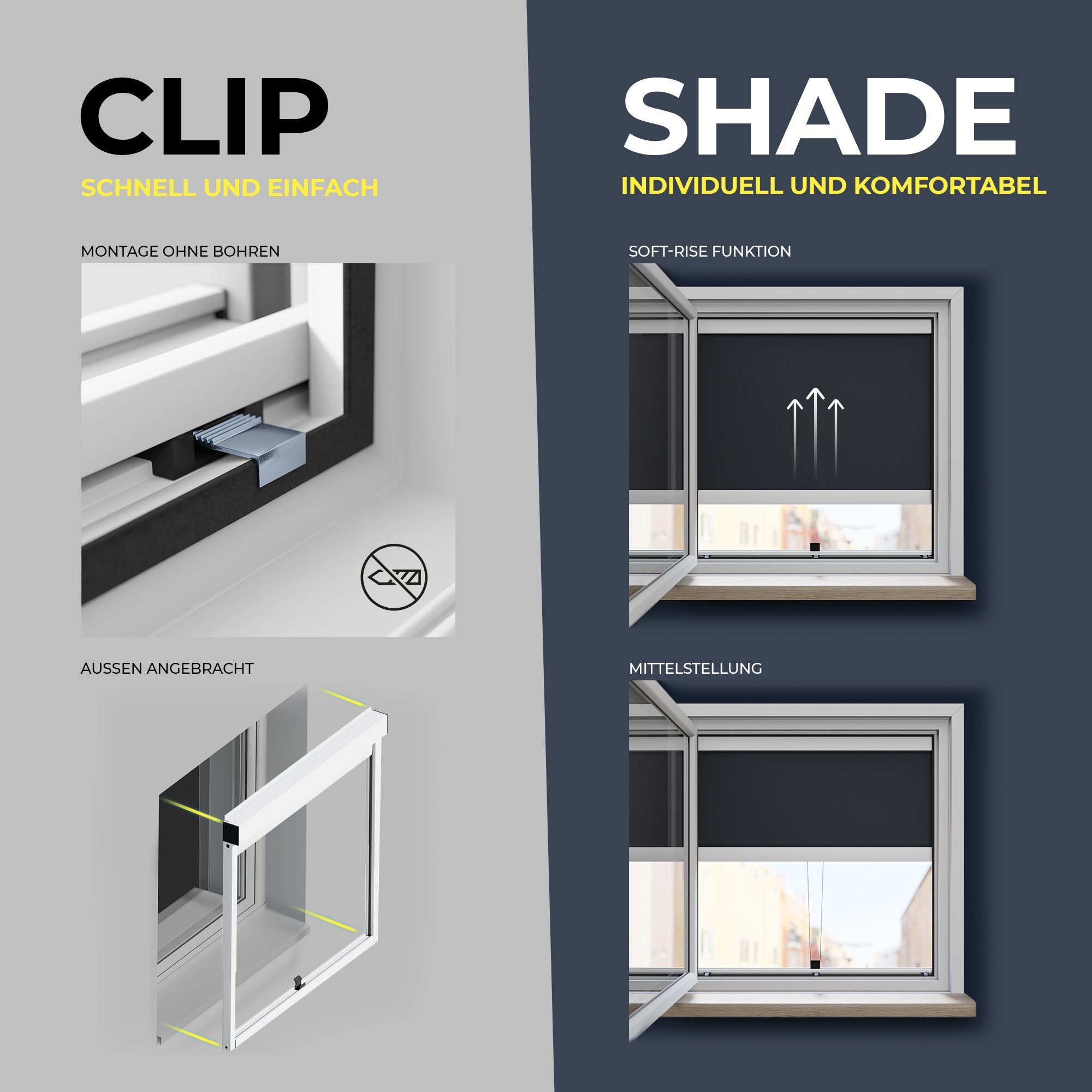CLIP`N`SHADE, CLIP`N`SHADE Fenster, Aluminiumprofile Klemmmontage, hochwertige Außen Grau Aussenrollo für Balkontüren, Rollo am