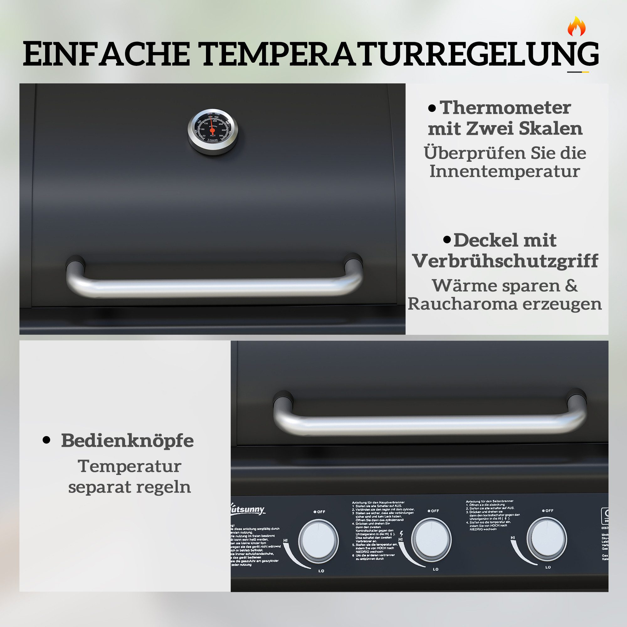 Outsunny Gasgrill BBQ inkl Rolle Seitenbrenner Thermometer Gas-Grill, 12,2 KW Gas-Grill, Grillwagen aus Edelstahl, für Balkon Camping 118,5 x 56 x 110 cm – Bild 5 von 5