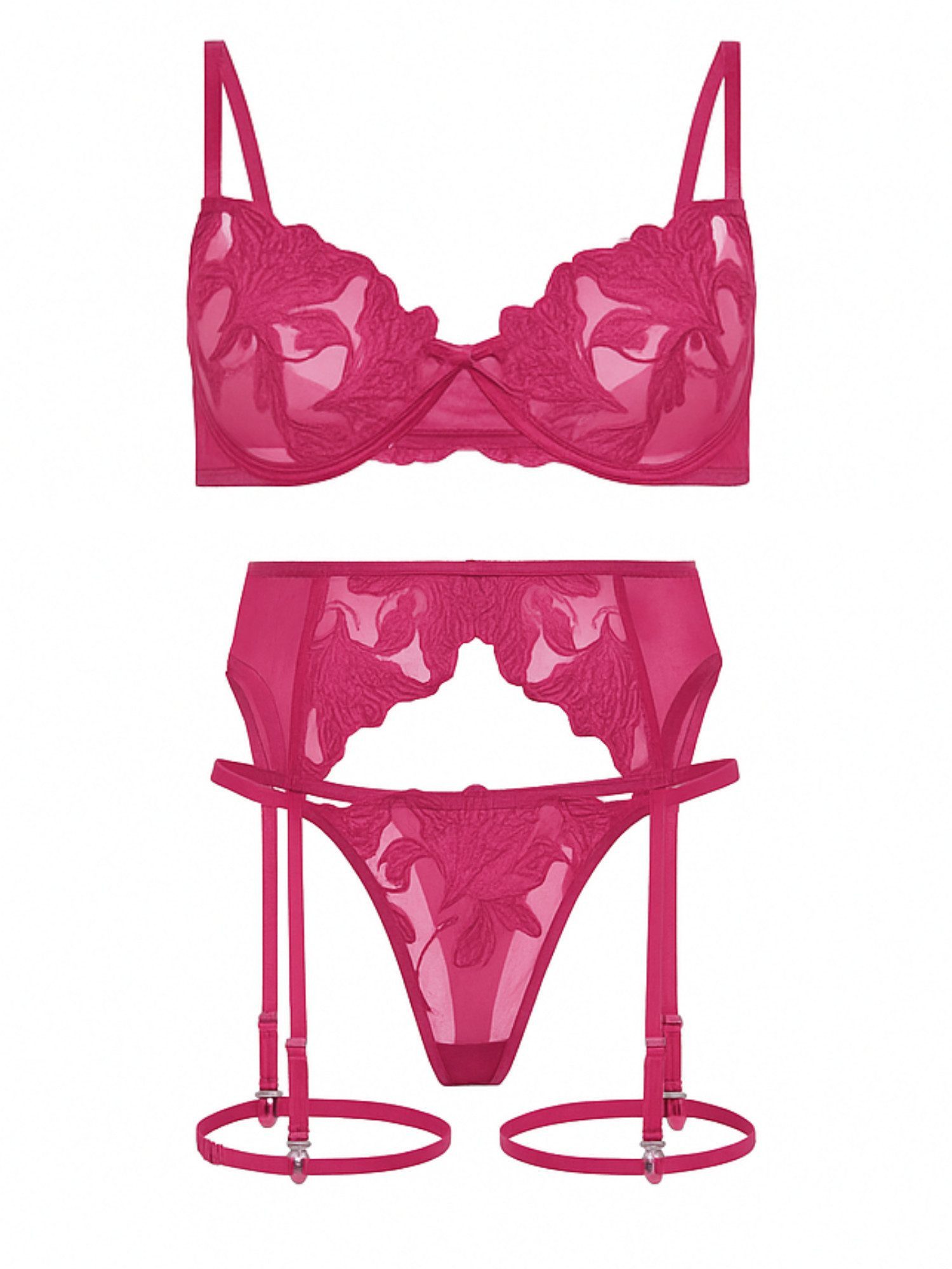Elegant Love Set: Bügel-BH Satin-Dessous-Set mit Strapsen – Edle Damenunterwäsche mit Stickerei (Set, 3-tlg., BH, Strumpfhalter, Tanga) Sexy Spitzen-Lingerie-Set – Reizwäsche für besondere Momente