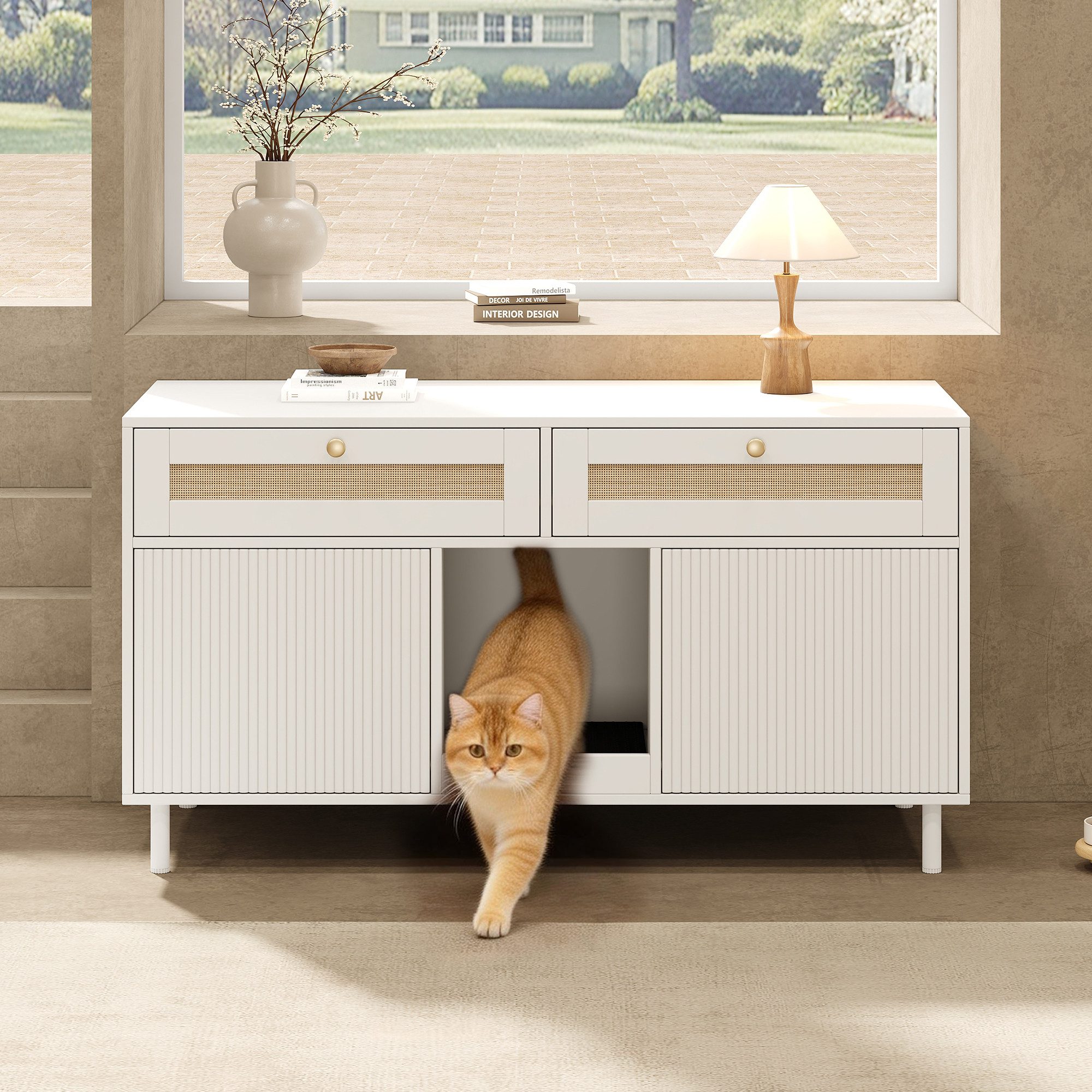 Flieks Mehrzweckschrank Katzentoilettenschrank mit Katzenstreufangmatte und Rattan-Schubladen (1-St., 120x50x65 cm) Katzenstreuwanne-Schrank Tierhaus Sideboard Weiß