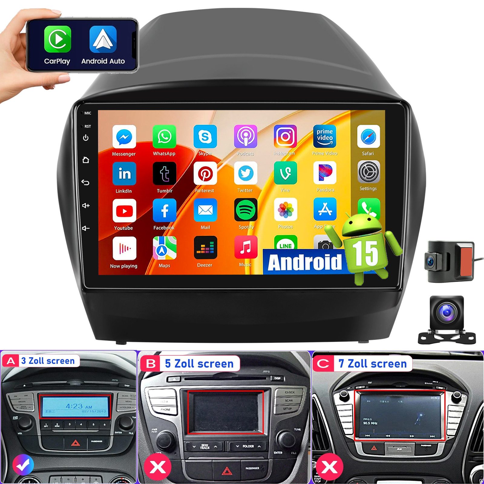 ESSGOO 9'' Android15 Autoradio CarPlay GPS für Hyundai Tucson IX35 20010–2015 Autoradio (RDS, 4+64GB(optional), FM, AM, DAB+ (optional), GPS Navi Android Auto Bluetooth EQ USB WIFI IPS Touchscreen)