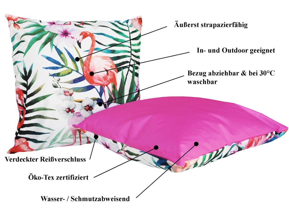 JACK Dekokissen JACK XXL Outdoor geeignet inkl. 60x60cm Lounge für Flamingo Füllung, Außen Lotus-Effekt, Innen mit Strapazierfähig, Robust, Kissen Motiv Dekokissen Pink &