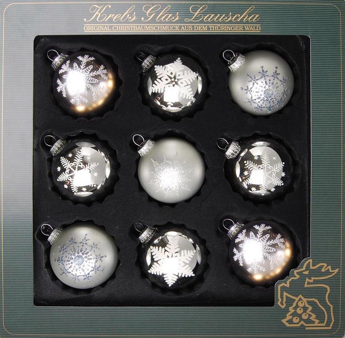 Krebs Glas Lauscha (9 mit Dekor Christbaumschmuck, Weihnachtsbaumkugel mundgeblasen, Glas Weihnachtsdeko, Christbaumkugeln St), silberfarben-weiß