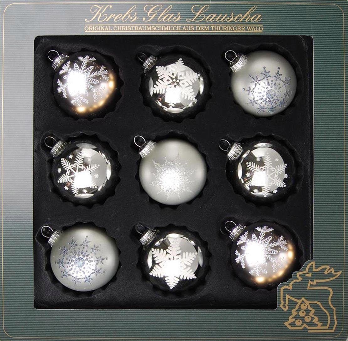 Krebs Glas Lauscha Weihnachtsbaumkugel Weihnachtsdeko, Dekor Christbaumkugeln Glas Christbaumschmuck, mundgeblasen, (9 St), silberfarben-weiß mit