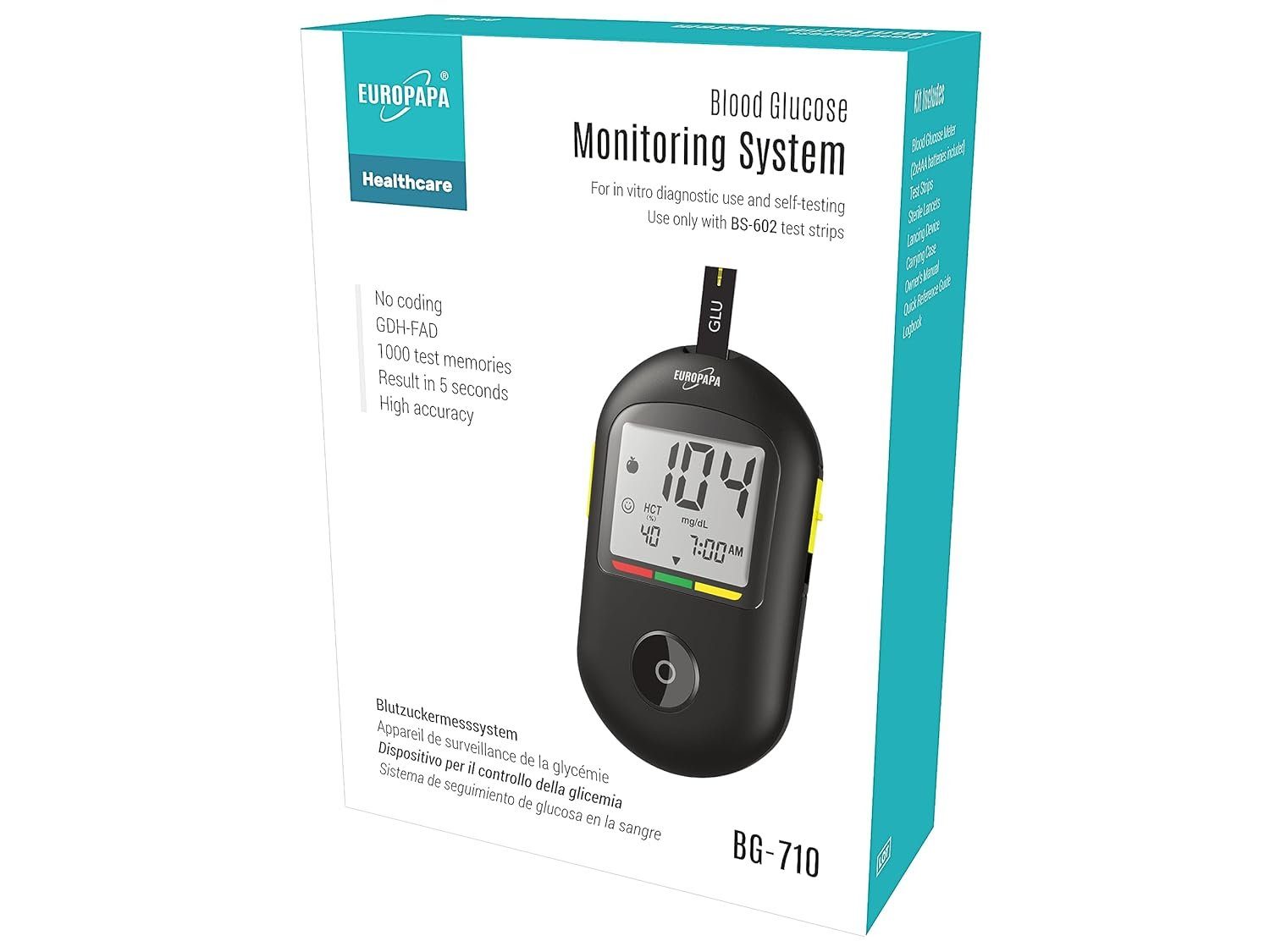 EUROPAPA Blutzuckermessgerät Blutzuckermessgerät für Blutzuckers Selbstkontrolle, 50 Stk Blutzuckerteststreifen und 50 Stk Blutlanzetten und Stechhilfe, Blutzuckermesssystem Diabetes-Set mg/dL