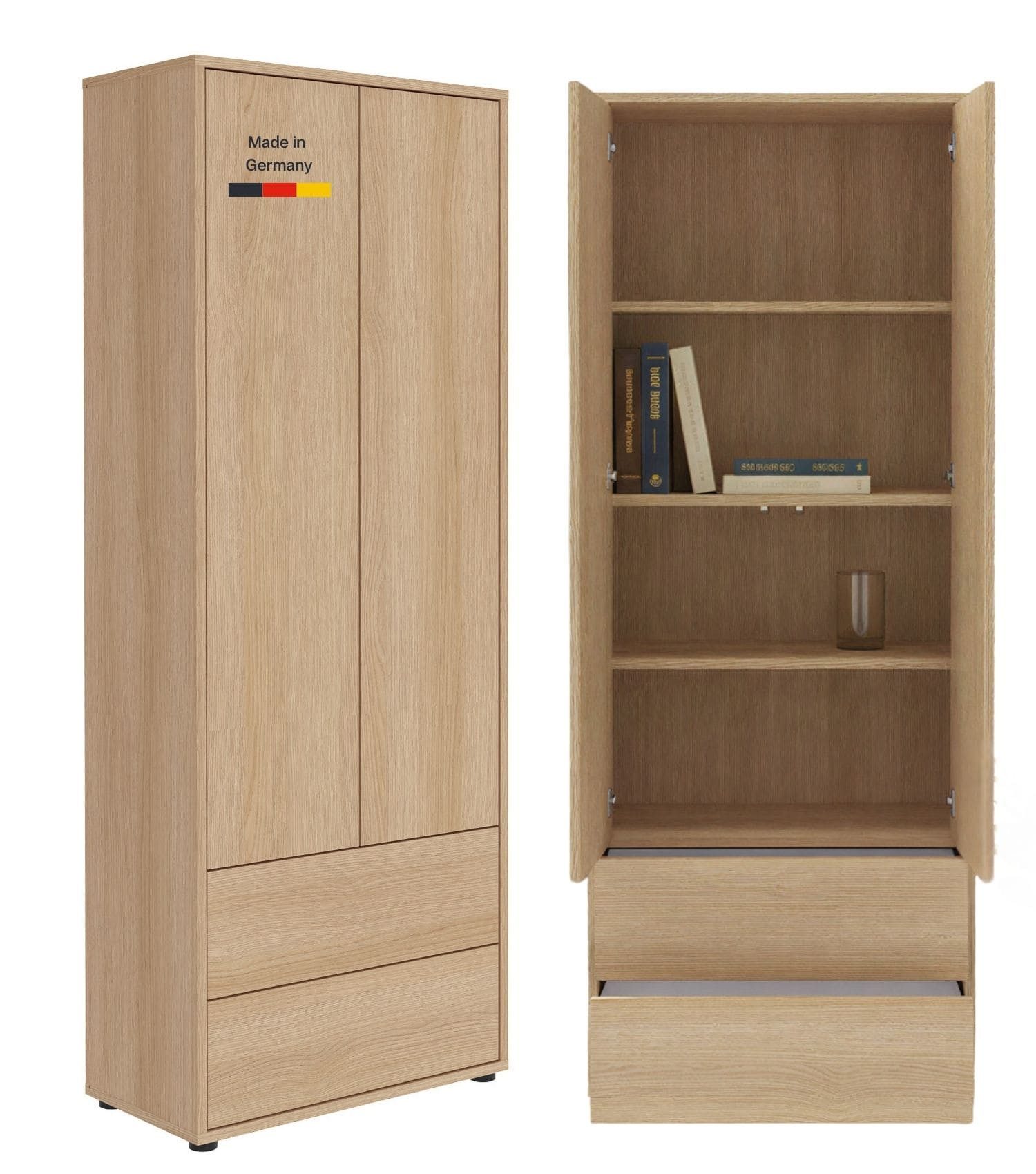 mokebo Mehrzweckschrank 'Peak' Holz Schrank Hochschrank Wohnzimmerschrank Push-to-Open (188x70 cm, Schubladen und Türen) Made in Germany, Hochschrank, Mehrzweckschrank in Eiche