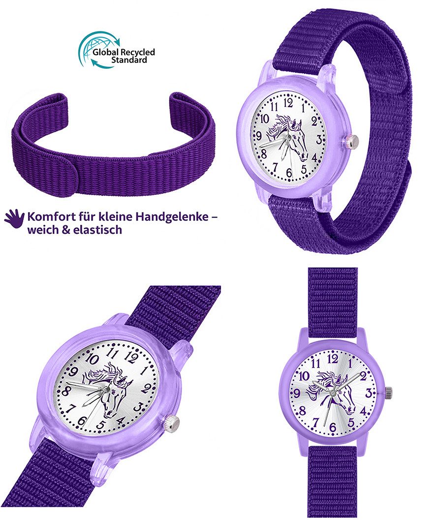 Brecjon Quarzuhr Kinder Armbanduhr Mädchen Pferd violett GRS Klettarmband Leuchtzeiger, ideales Geschenk zur Einschulung für Pferdefans im Set oder einzeln