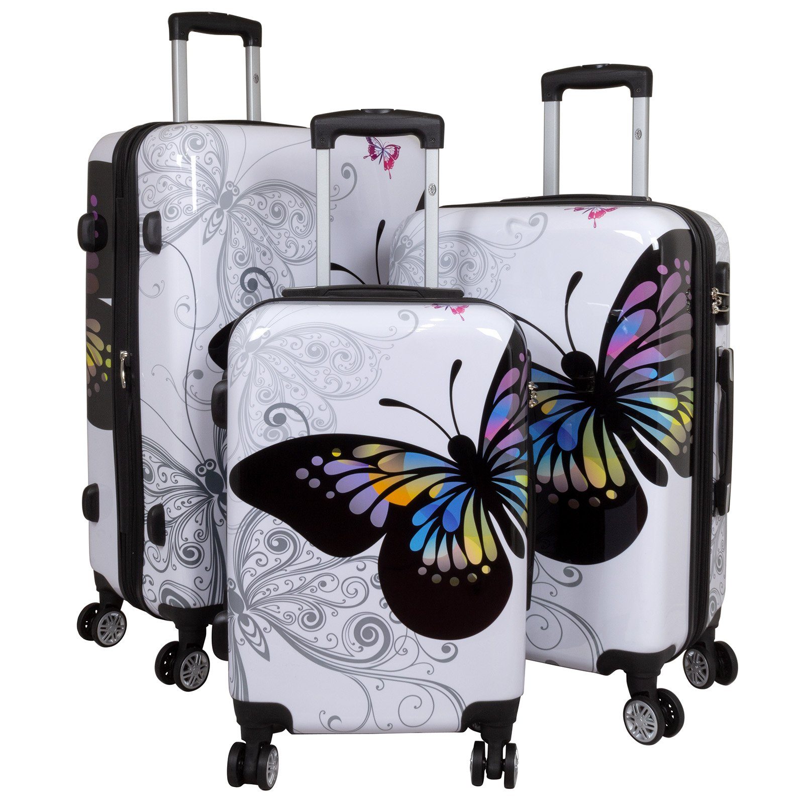 MONOPOL® Hartschalen-Trolley Trolley-Koffer-Set - Schmetterling - 3-teilig - 74 + 64 + 54 cm