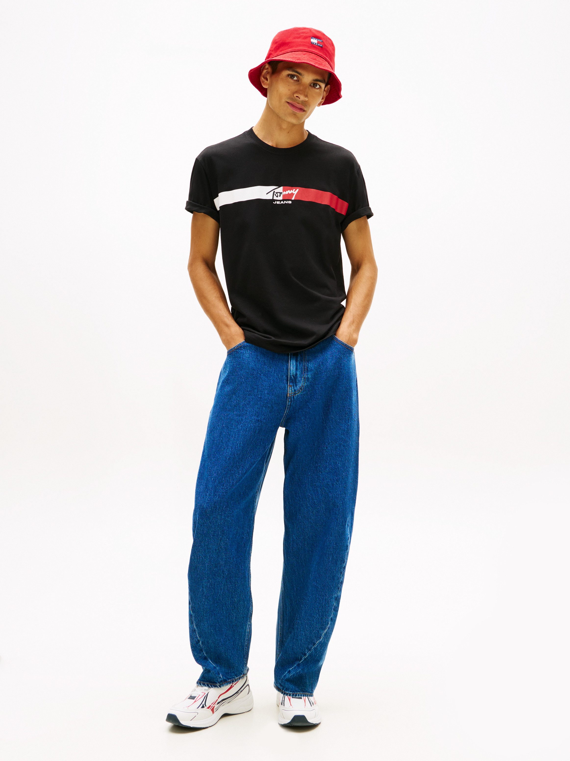 Tommy Jeans T-Shirt TJM REGULAR FIT SIGNATURE STRIPE mit Label-Print