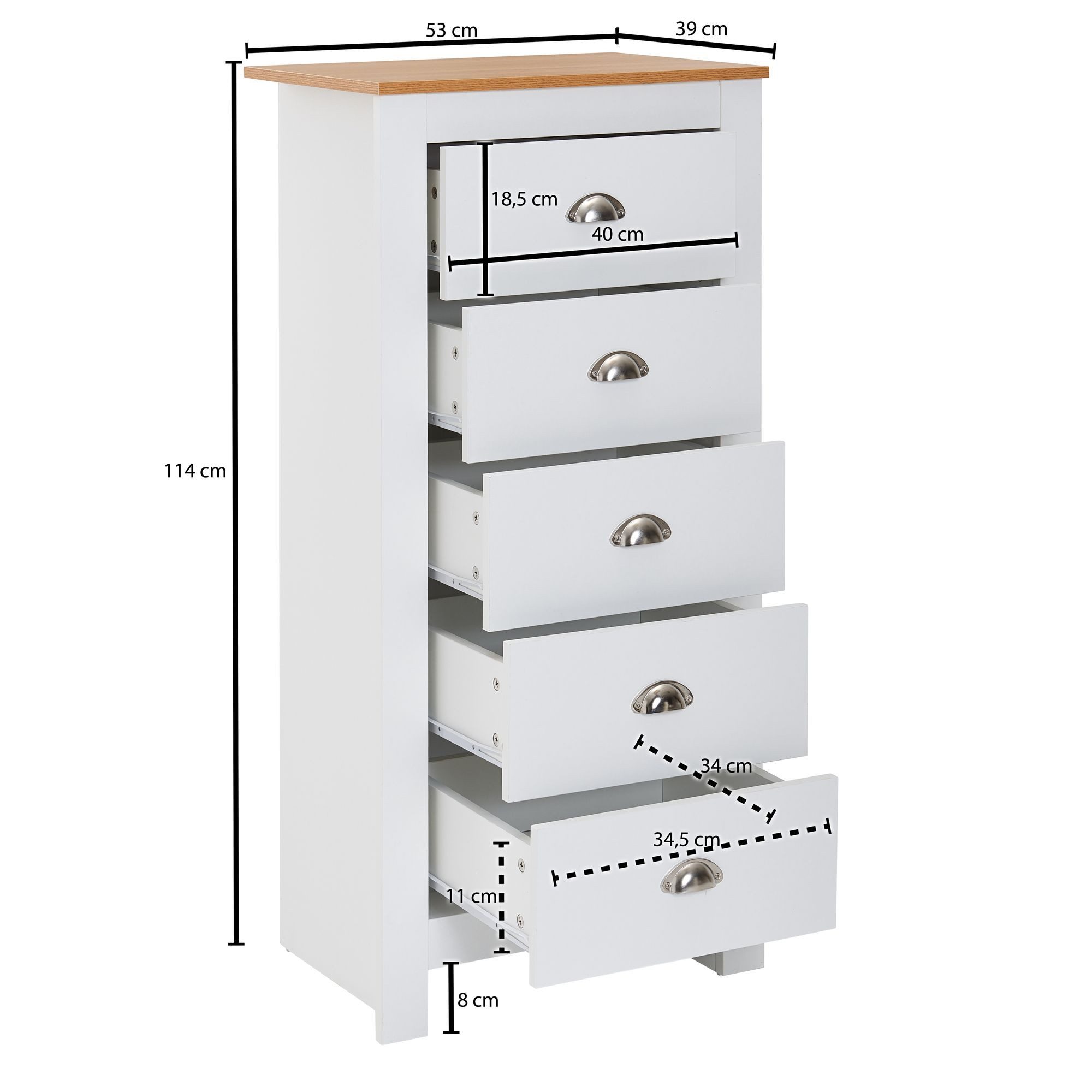 FineBuy Sideboard mit 5 Schubladen 53x114x39 cm Kommode Weiß / Eiche Modern, Design Anrichte Hoch Schmal, Schubladenkommode Wohnzimmer – Bild 3 von 5