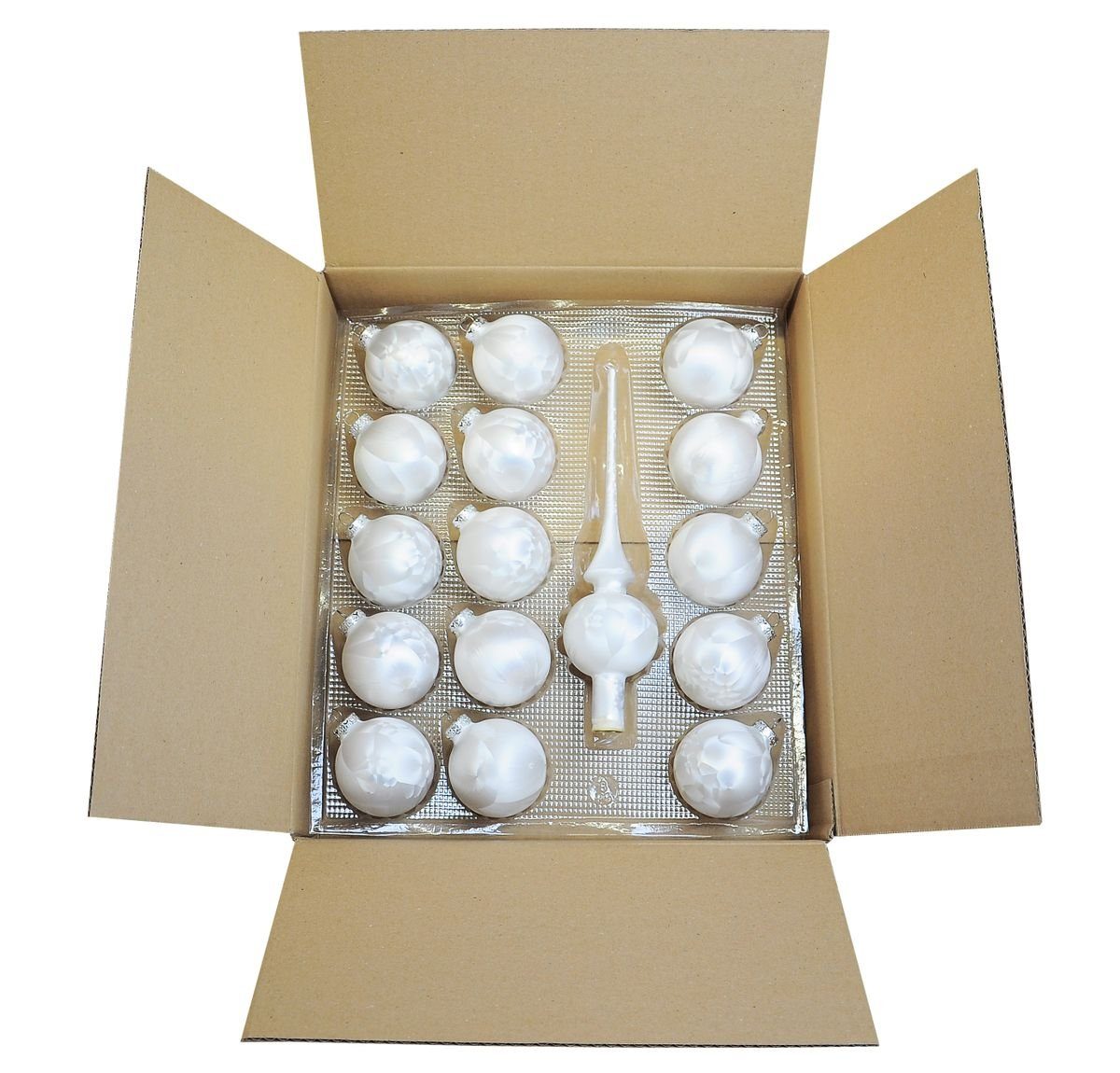 JACK Christbaumschmuck JACK Eislack Glas Christbaumkugeln Set 15x Kugel 6cm + 1x Spitze 25cm, inklusive praktischer Aufbewahrungsbox, Made in Germany. Reduzierter Preis € 25,90. Unverbindliche Preisempfehlung € 49,95