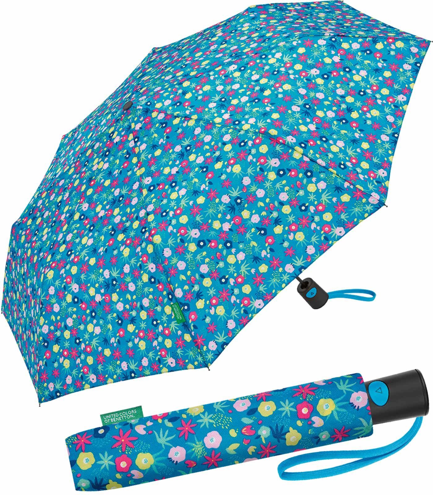 Colors blau mit - Benetton Mini Taschenregenschirm diva Millefleur Blütenmeer ein Auf-Automatik United blue, unterwegs of für