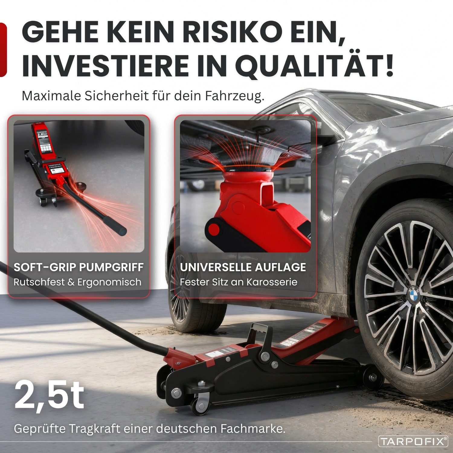 Tarpofix® Wagenheber Hydraulischer Wagenheber 2,5t flach für PKW SUV mit Zubehör, max. Hubhöhe: 38 cm, Rot: Flacher Auto Wagenheber 2,5t in Rot mit Zubehör