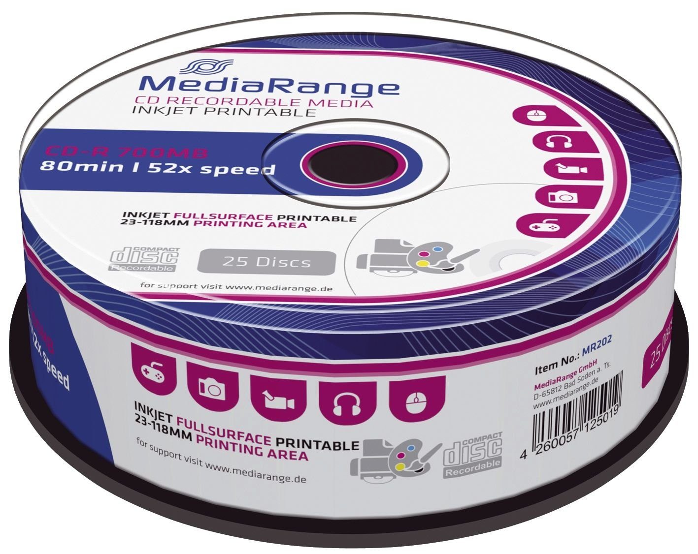 Mediarange Handgelenkstütze MediaRange CD-R 700MB 25pcs Spindel 52x Inkjet Printable