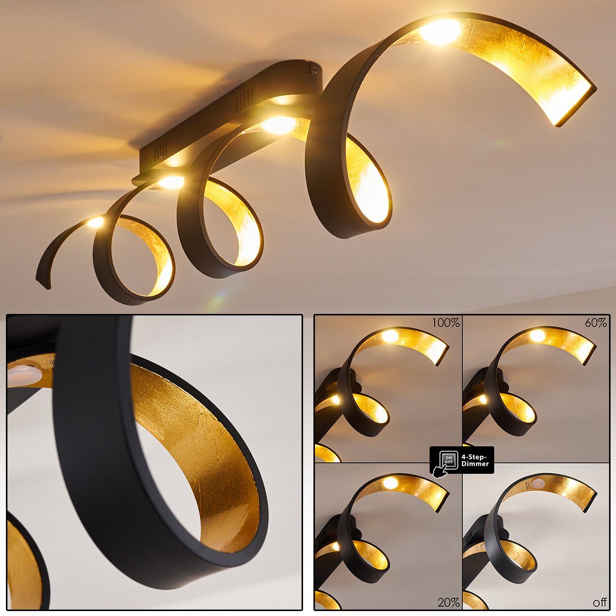 hofstein Deckenleuchte »Delia« längliche Deckenlampe aus Metall in Schwarz/Gold, 3000 Kelvin, 20 Watt, 1800 Lumen, in 3 Stufen dimmbar
