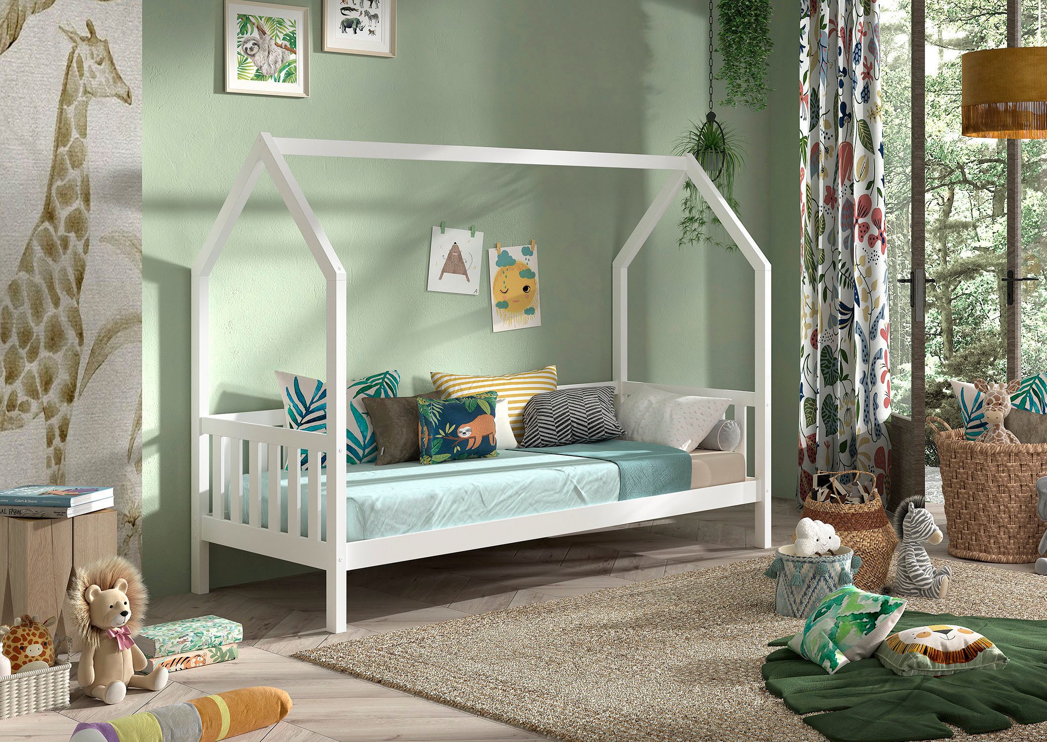 Vipack Hausbett Cabane, mit Dachaufbau und Sprossenumrandung in Landhaus-Optik (B/H/T ca. 208x169x98 cm) aus massiver Eiche, Oberfläche Natur), sehr stabil und standfest gebaut inkl. Massivholz Rolllattenrost