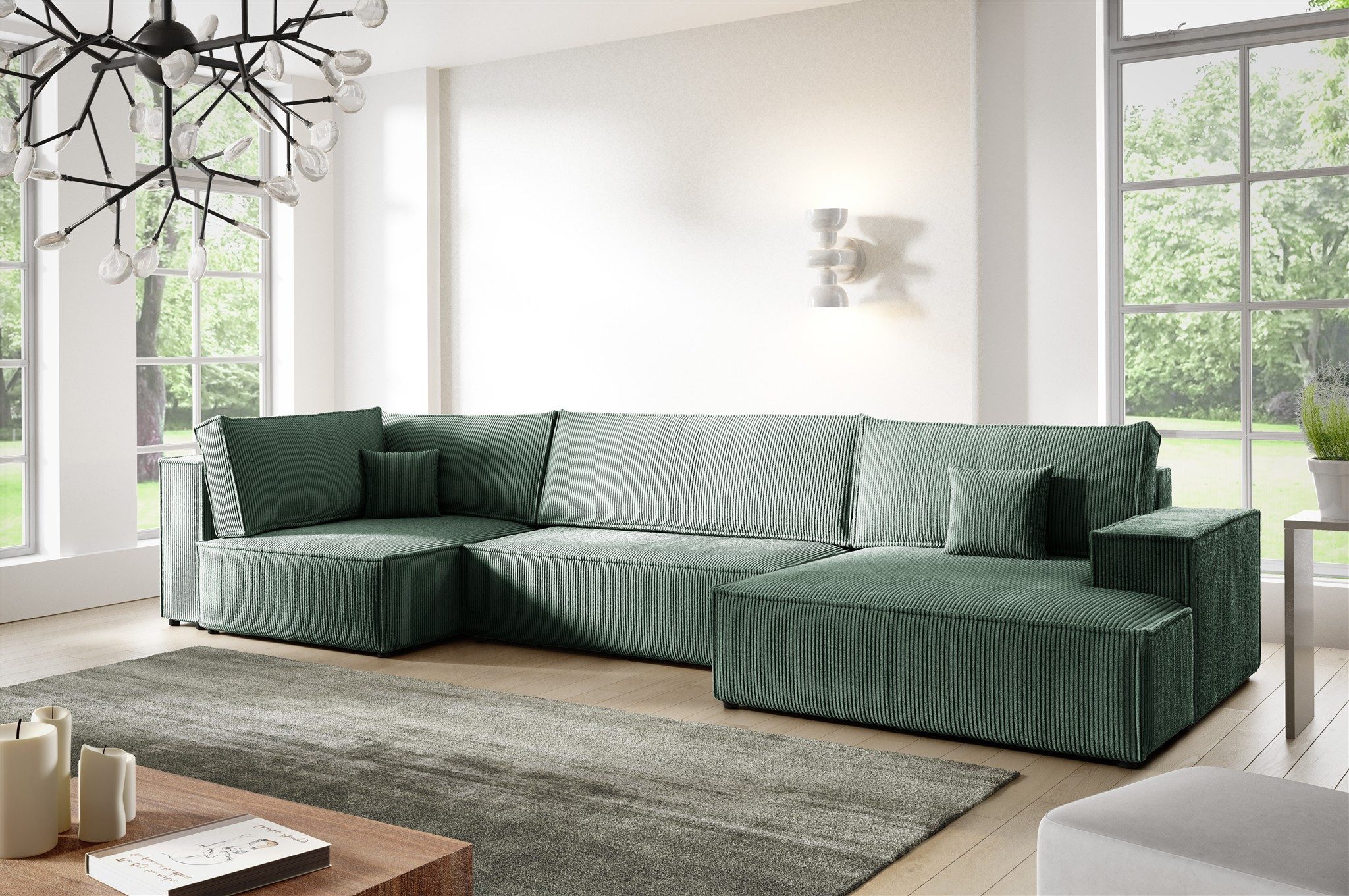 Fun Möbel Wohnlandschaft Sofa FUN MIRANDA mit Schlaffunktion und Ottomane in Cordstoff Poso, mit Bettkasten, Rücken echt bezogen