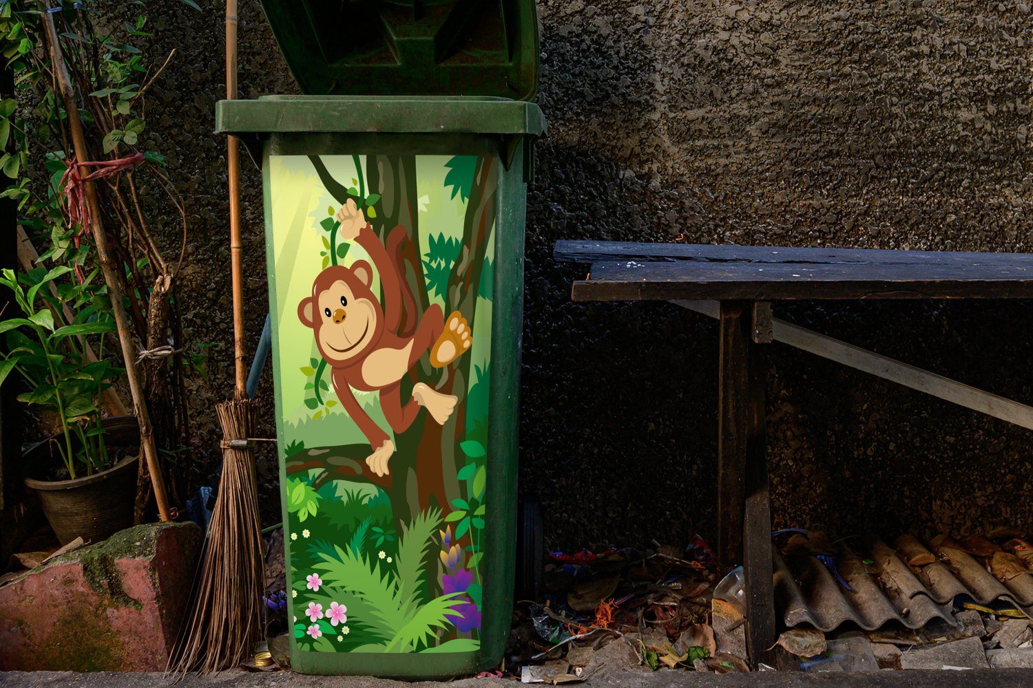 Sticker, - - Blumen Wandsticker Kinder St), Affe (1 Mädchen - Abfalbehälter Container, Jungen - Mülleimer-aufkleber, Mülltonne, Dschungel - MuchoWow