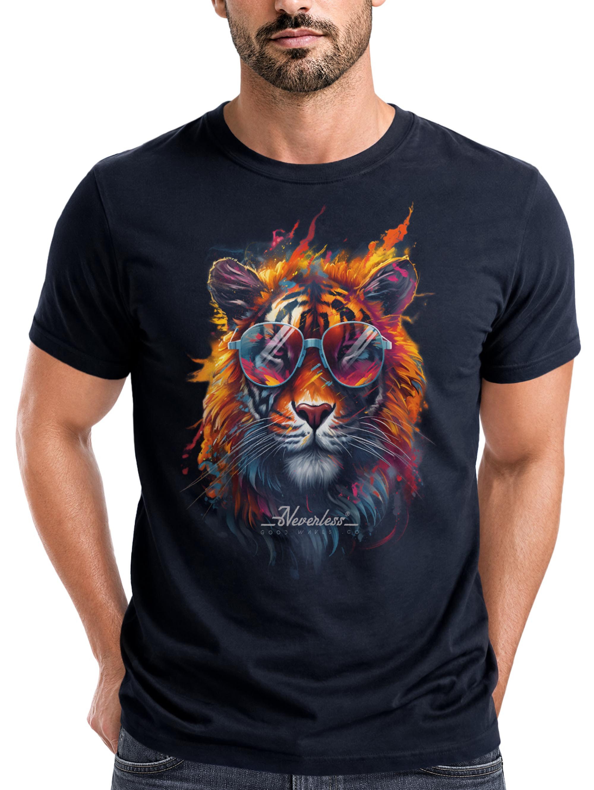 Print-Shirt Herren T-Shirt Tiger Print Aufdruck Flammen Sommer Sonnenbrille Kunst