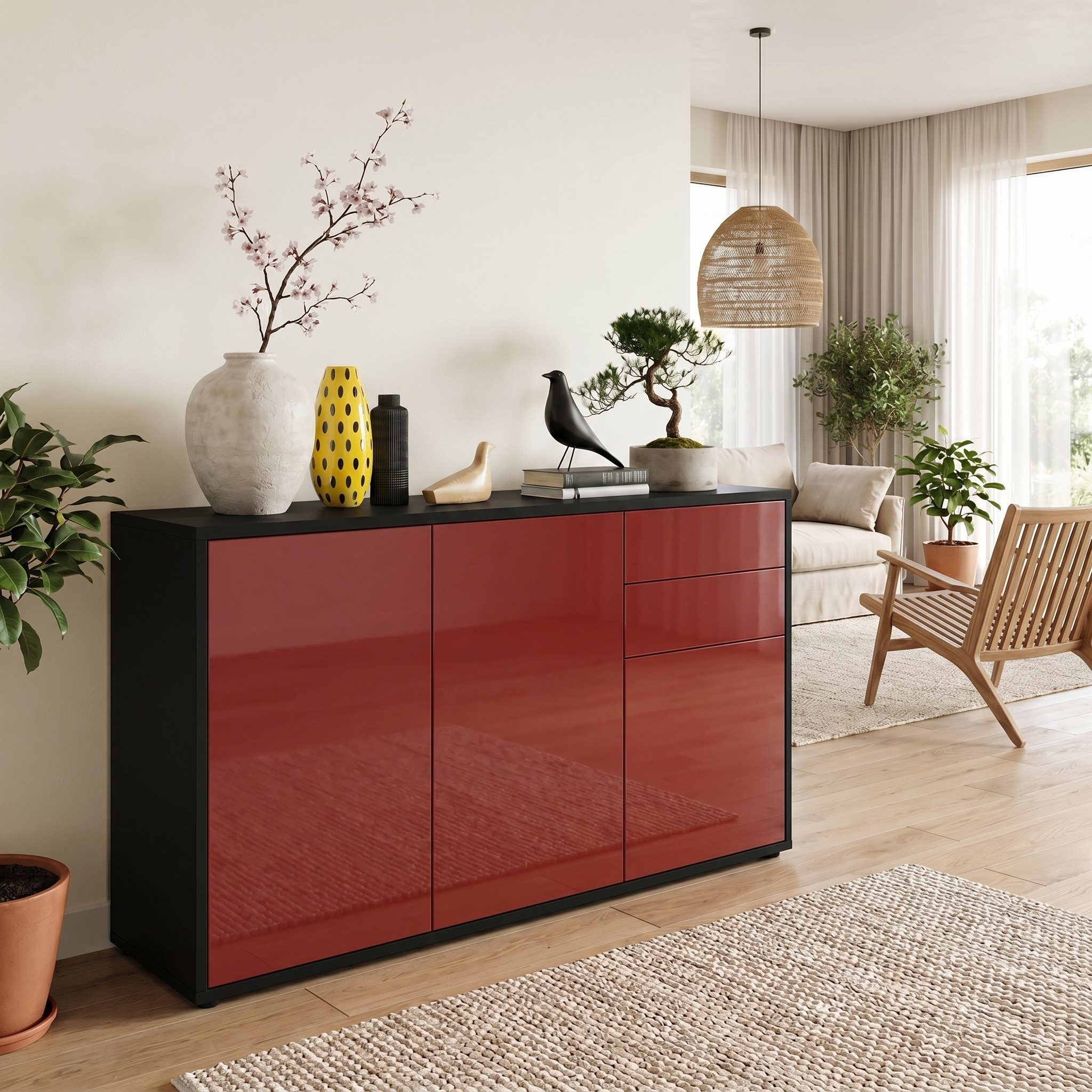Vladon Kommode Ben V3 (Kommode, mit 3 Türen und 2 Schubladen), Schwarz matt/ Bordeaux Hochglanz (117 x 74 x 36 cm)