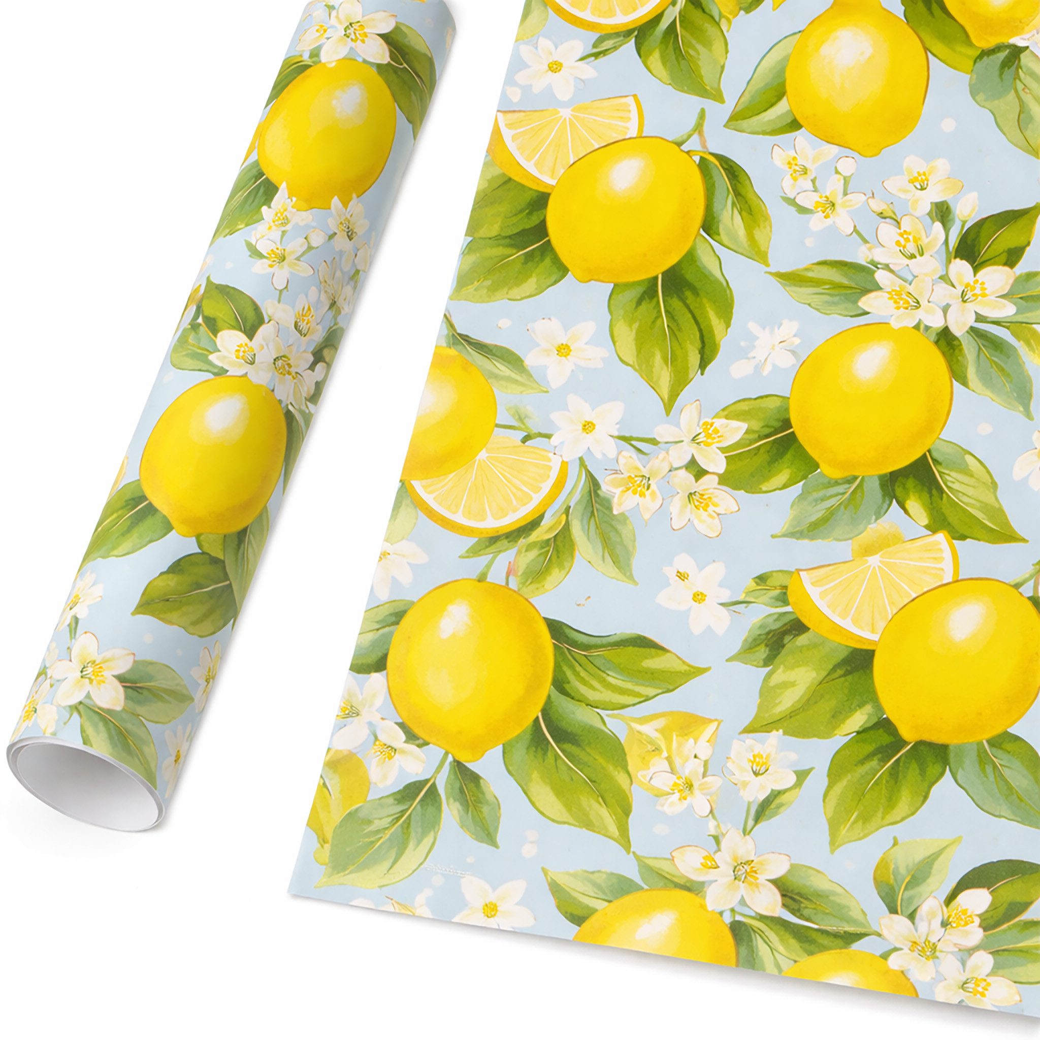 Star Geschenkpapier, Geschenkpapier Zitronen & Blüten Motiv 70cm x 2m Rolle Hellblau / Gelb