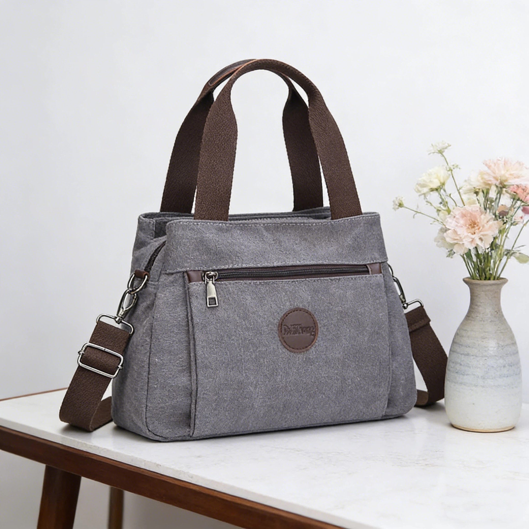 OKWISH Henkeltasche Damen Handtasche Canvas Umhängetasche Tragetasche (Schultertasche Arbeitstasche Messenger-Tasche, 32 x 12 x 22 cm, mit Henkel und verstellbarem Gurt), für Büro Arbeit Schule Reisen Freizeit Shopping usw.