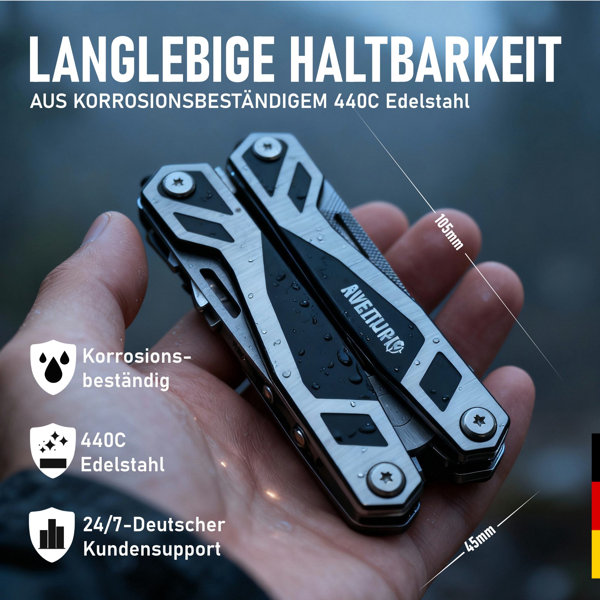 AVENTURIS Multitool T12 aus Edelstahl mit 21 Funktionen! Perfektes Outdoor Camping Zubehör, (1 St), Edelstahl