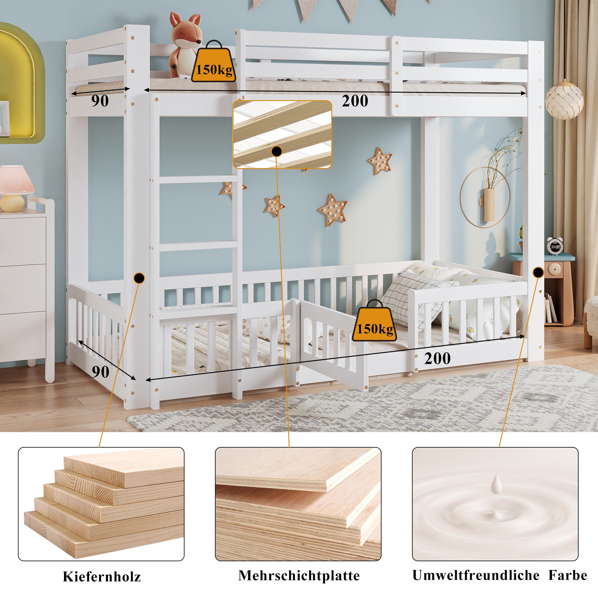 Flieks Etagenbett (mit rechtwinkliger Leiter, Zäune und Tür), Hochbett Kiefernholz Kinderbett mit oberem Lattenrost 90*200cm