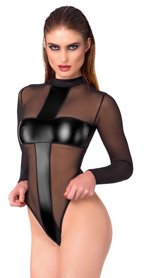 Noir Handmade Stringbody Langarm-Body ouvert halb transparent halb Wettlook schwarz (1-tlg) Blickdichte Streifen im Powerwetlook