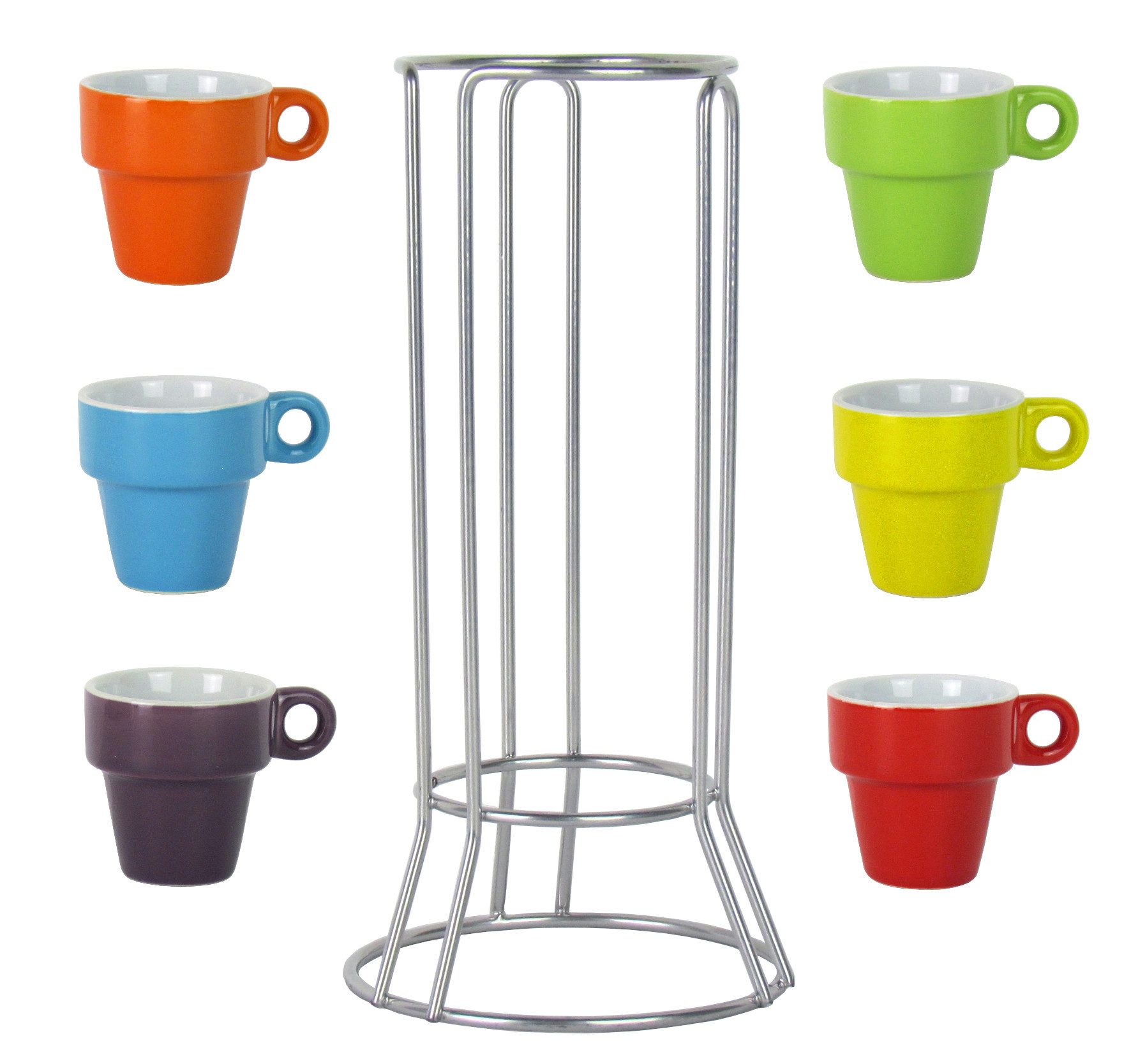 Out of the Blue Espressotasse 7-teiliges Espresso-Set für 6 Personen, 6 Stück bunte Espressotassen aus Steingut inkl. Metallhalterung