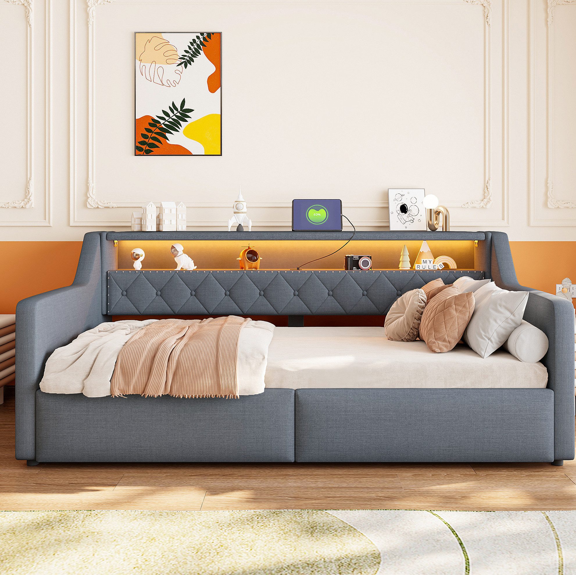 OKWISH Schlafsofa Polsterbett, mit LED-Lichtleiste, hydraulischem Stauraum, USB- und Typ-C-Anschlussen, 90x200 cm Funktionsbett aus Leinenstoff, Daybett Einzelbett, ohne Matratze