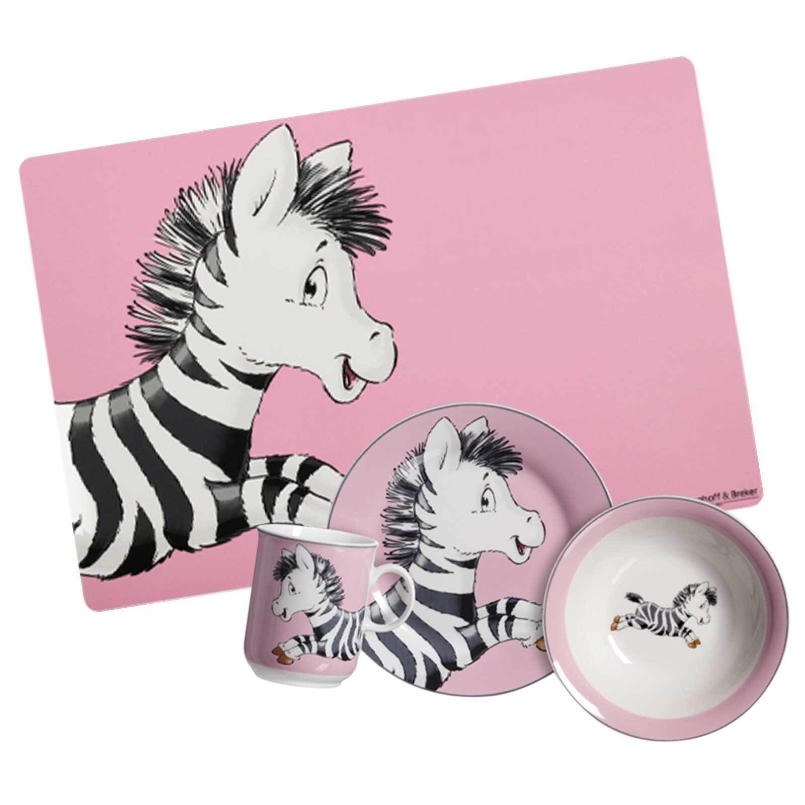 Ritzenhoff & Breker Kindergeschirr-Set Happy Zoo Kindergeschirr + Tischmatte 4er Set (4-tlg), Porzellan Zebra