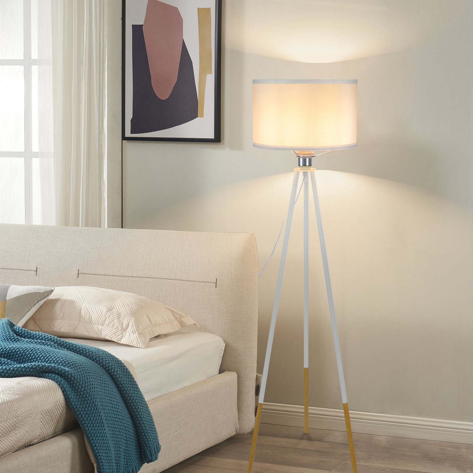 Nettlife Stehlampe Wohnzimmer Schlafzimmer mit Leuchtmittel, Fassung, Holz Stehleuchte Modern ohne Schirm Weiß Stoff E27