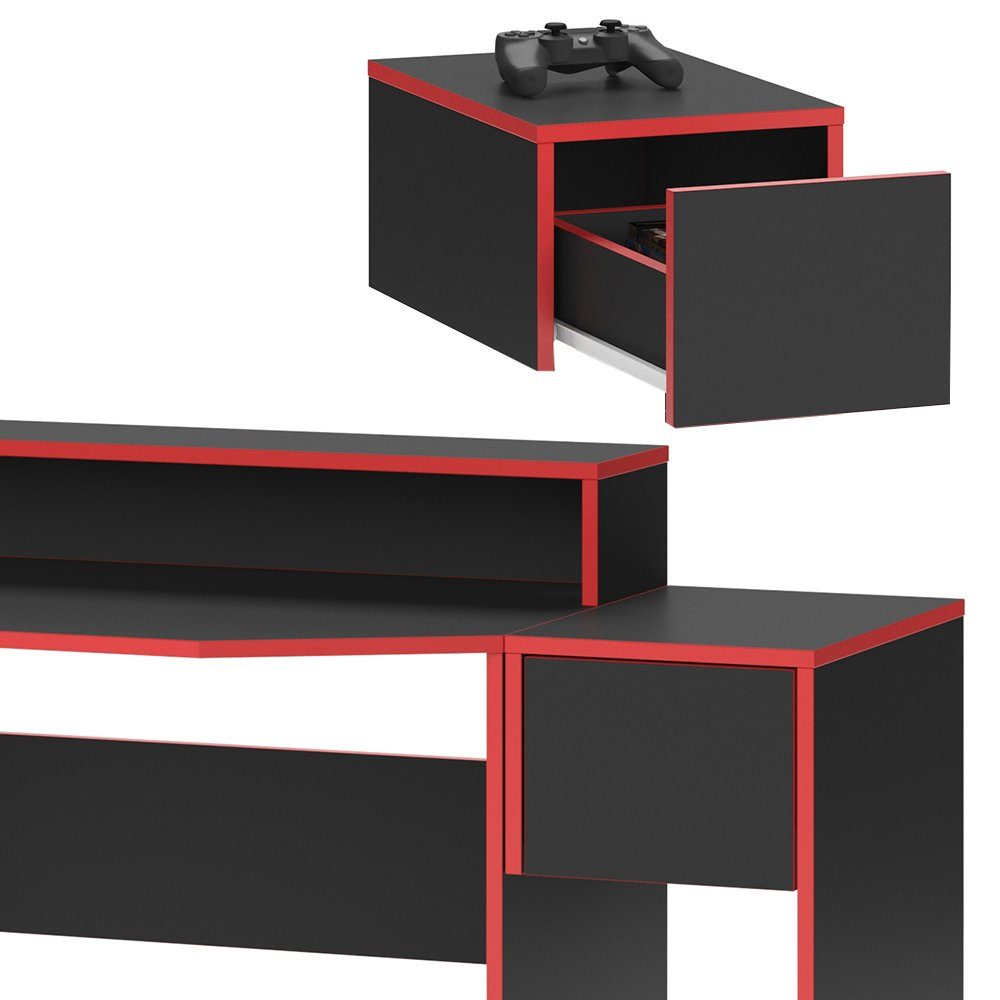 Set Schreibtisch Gamingtisch Set Desk- Kron Rot Gamertisch Schwarz 2 Gaming Vicco