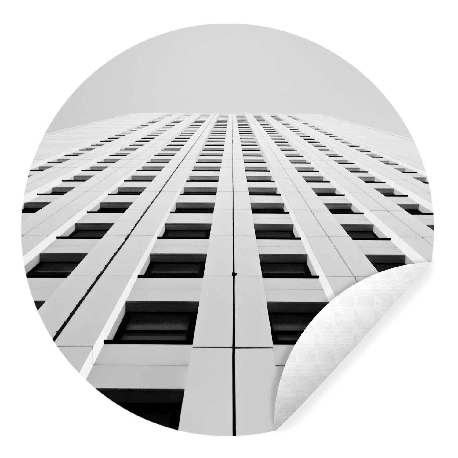 MuchoWow Wandsticker Eine Fenstermatrix eines Wolkenkratzers in schwarz-weiß (1 St), Tapetenkreis für Kinderzimmer, Tapetenaufkleber, Rund, Wohnzimmer