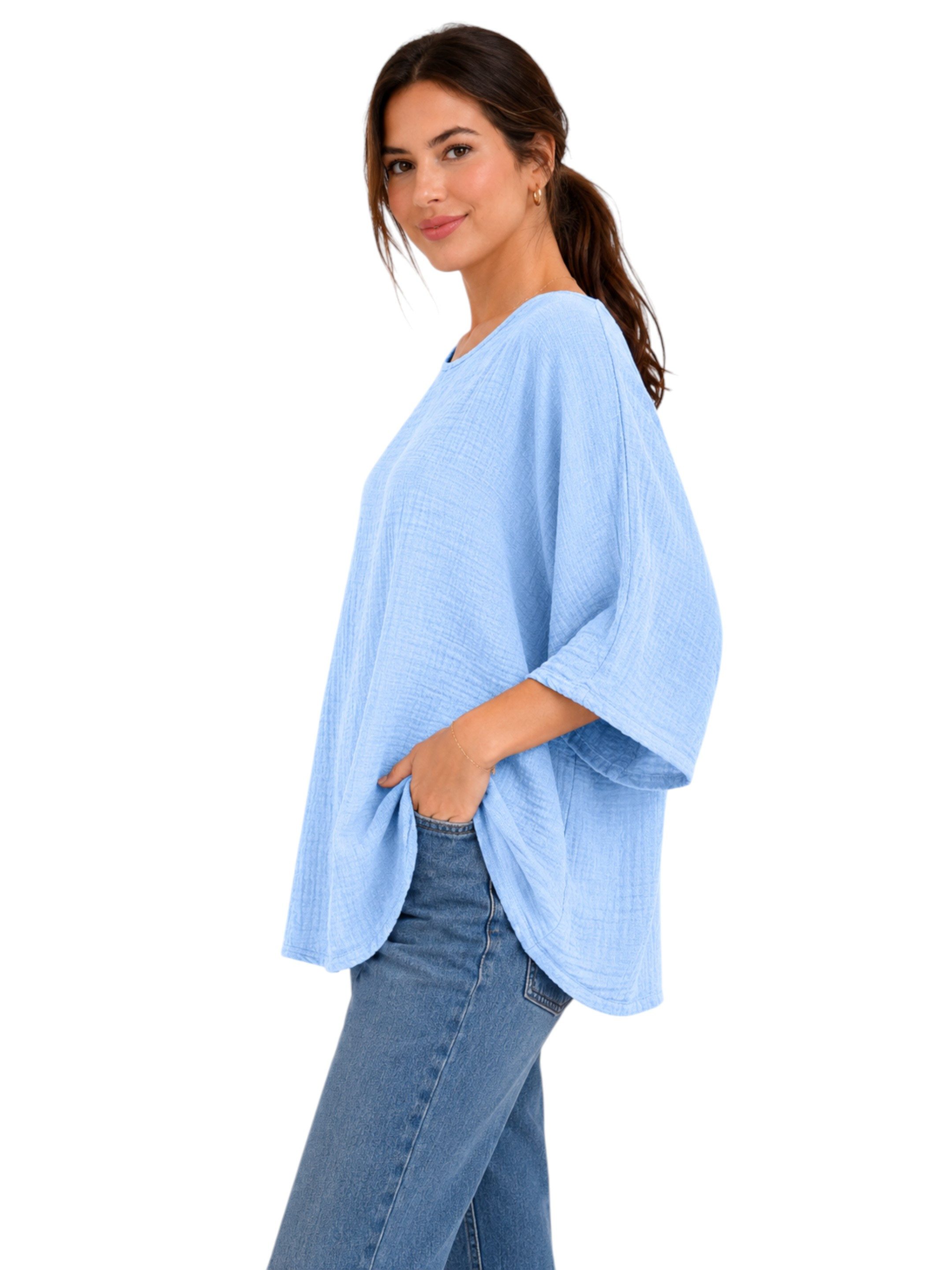 WENOR Blusentop Damen Musselin Oversize Bluse Fledermausärmel lockerer Schnitt, weiter Fall, luftige Sommer Tunika – Bild 3 von 5