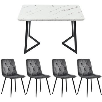 Ulife Essgruppe 117×68cm Esstisch mit 4 Stühlen, (Set, 5-tlg), weißer MDF-Tischplatte mit Marmoroptik