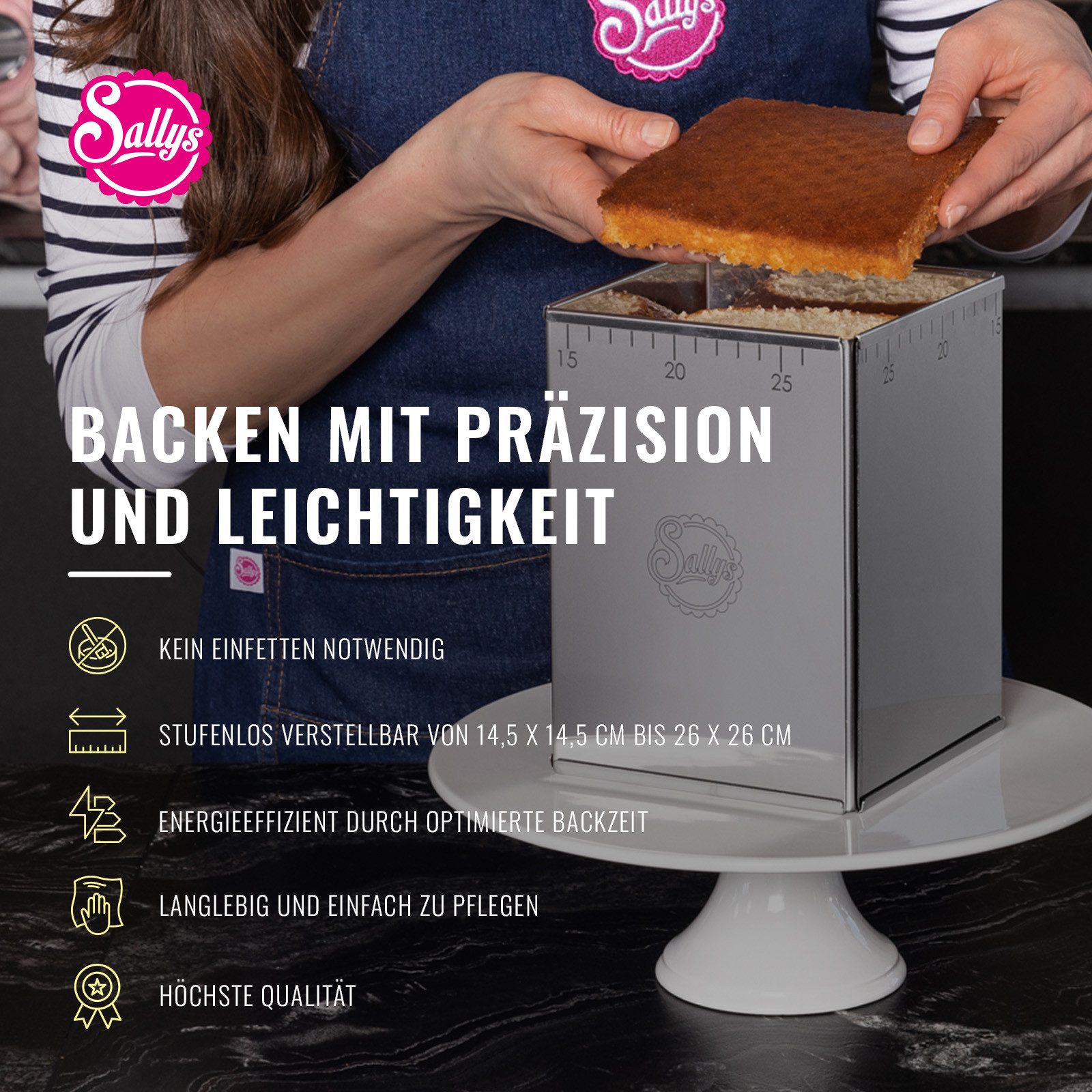 Sallys Backrahmen Kuchenrahmen verstellbar mit Innen & Außenskalierung, rechteckig, (4 tlg., Mit Innen- & Außenskalierung, langlebig und pflegeleicht), Tortenrahmen Edelstahl, 14,5 × 14,5-26 × 26 cm, verstellbar