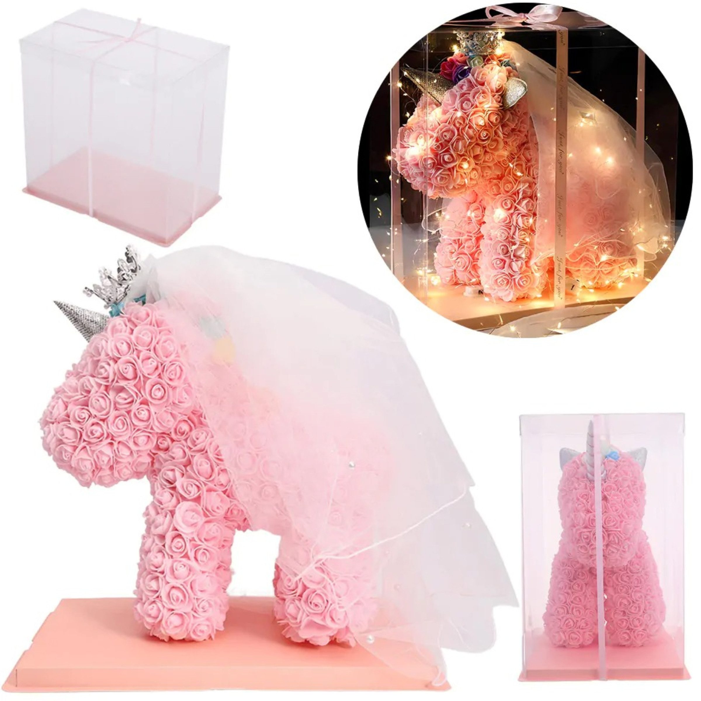 AMORE MIO LED Dekoobjekt Leuchtendes Einhorn mit Rosen LED USB-Dekorationsgeschenk 40 cm, LED-Lichterkette, warmweiß, LED-USB Dekoratives Geschenk Hochwertiges Acryl