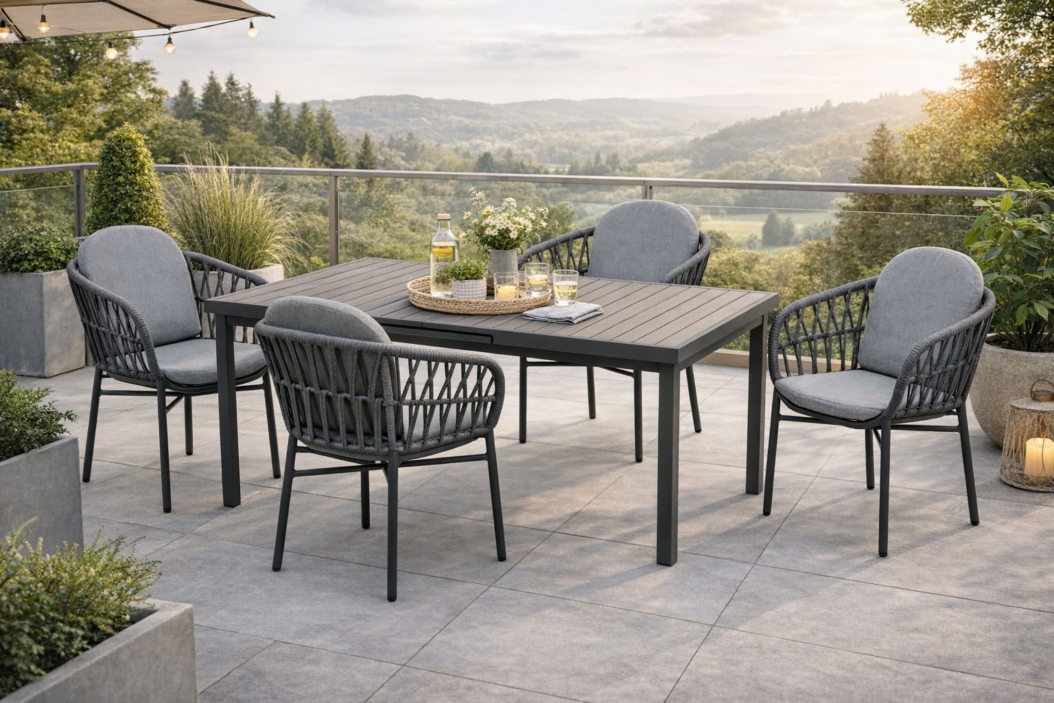 Destiny Garten-Essgruppe COMO IMOLA 4 Se + Ausziehtisch 165/215x100cm, grau/ anthrazit, (Set, 4 Stapelsessel inkl. Polster, 1 Tisch mit Synchronauszug), Aluminium, Rope, Polywood