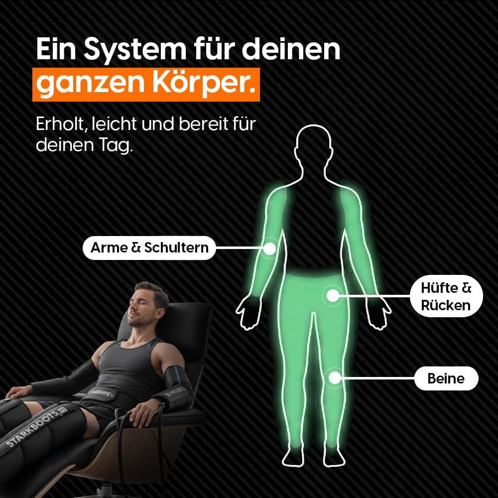 STARKFELD Lymphdrainage-Gerät STARKBOOTS® Lymphdrainage Gerät – Recovery Boots & Bein Massagegerät, 8 Drucksensoren, Bein Massagegerät mit kabellosem Smart Monitor mit 2 Stunden Laufzeit, Venenrückfluss & gegen Wassereinlagerungen