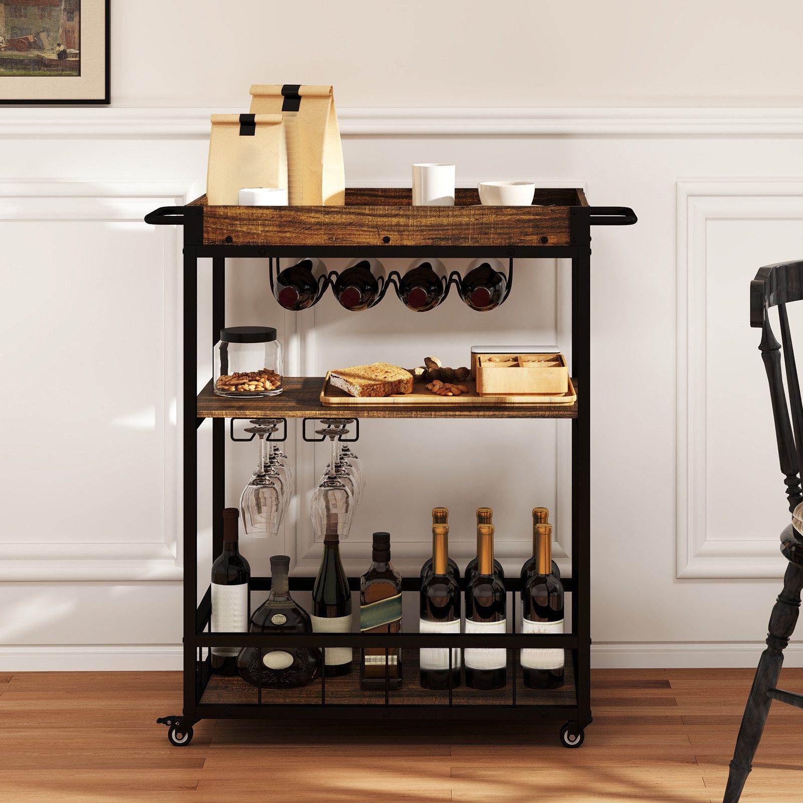 COSTWAY Küchenwagen, 3 Ebenen mit Glashalter, Weinregal & abnehmbarem Table günstig online kaufen