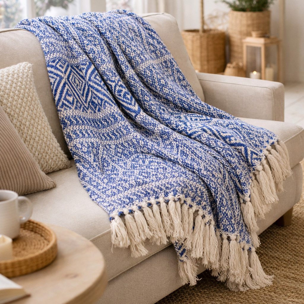 Wohndecke Royal/ Natural, AU Maison, Stilvolle Baumwolldecke mit Fransen 130x180 cm